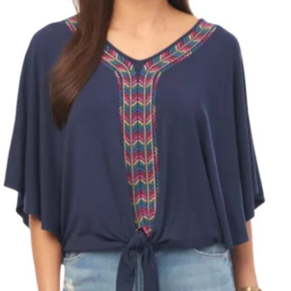 Democracy Navy Blue Embroidered Tie Front Dolman Sleeve Top L - Picture 2 of 9